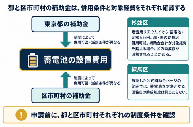 東京都と区市町村の蓄電池補助金を併用する際の制度関係と確認事項を示す相関図