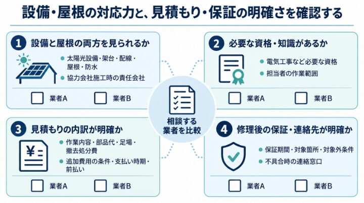太陽光パネルの修理業者を設備・屋根の対応力、資格、見積もり、保証で比較するチェック項目