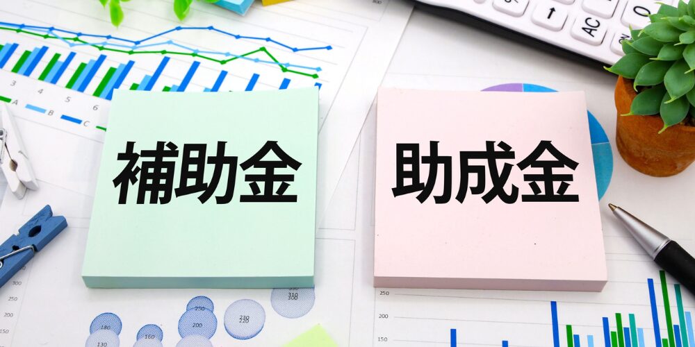 グラフ用紙の上に「補助金」「助成金」と書かれた緑とピンクの付箋が並んでいる場面