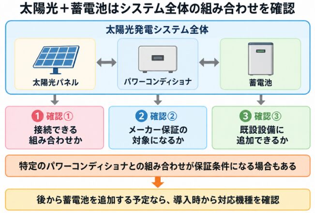 太陽光パネル・パワコン・蓄電池の組み合わせと保証・増設可否の確認図