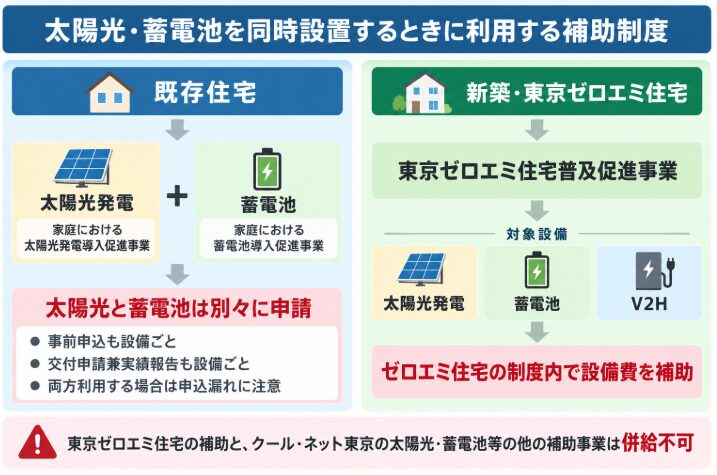 既存住宅と新築で異なる太陽光・蓄電池の補助制度と申請方法を比較した図解