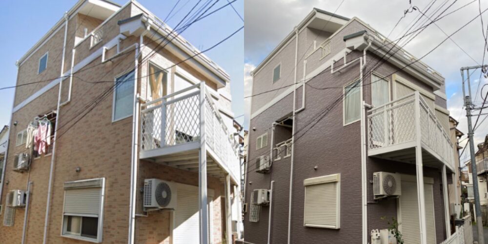 住宅の外壁塗装ビフォーアフター。左はベージュ系タイル調、右はブラウン系塗装後の比較写真