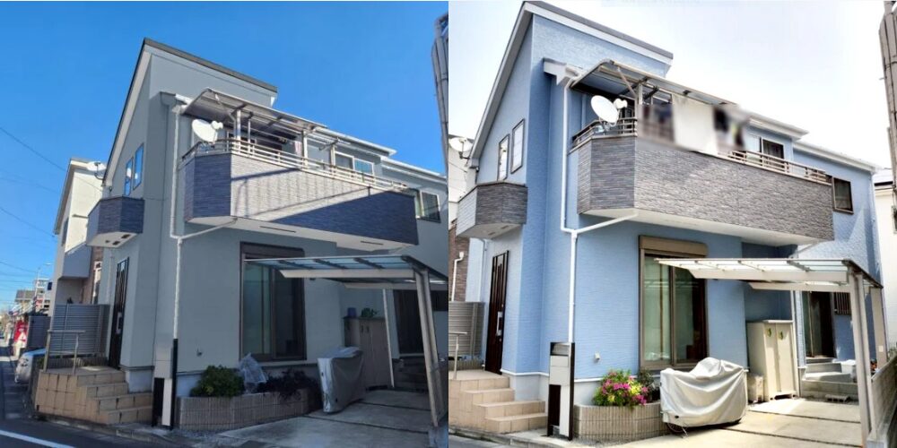 2 階建て住宅の外壁塗装前(グレー)と塗装後(水色)のビフォーアフターを左右に並べた比較写真