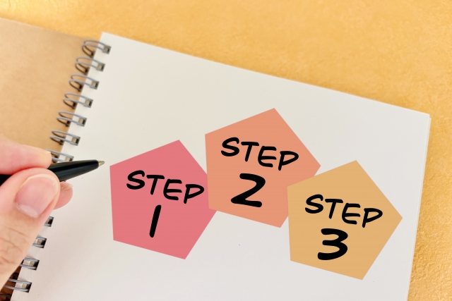 ステップ１２３と書かれたノートとペンを持つ手