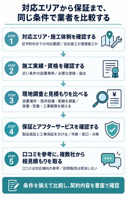 蓄電池業者を対応エリア、施工体制、見積もり、保証、口コミの順に比較する選定フロー

