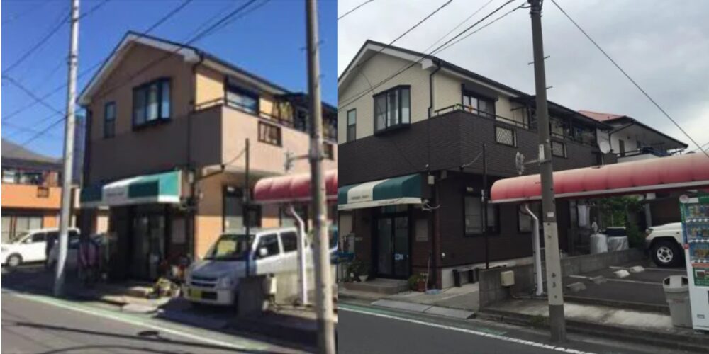 2階建て住宅の塗装前(左)と塗装後(右)のビフォーアフター写真
