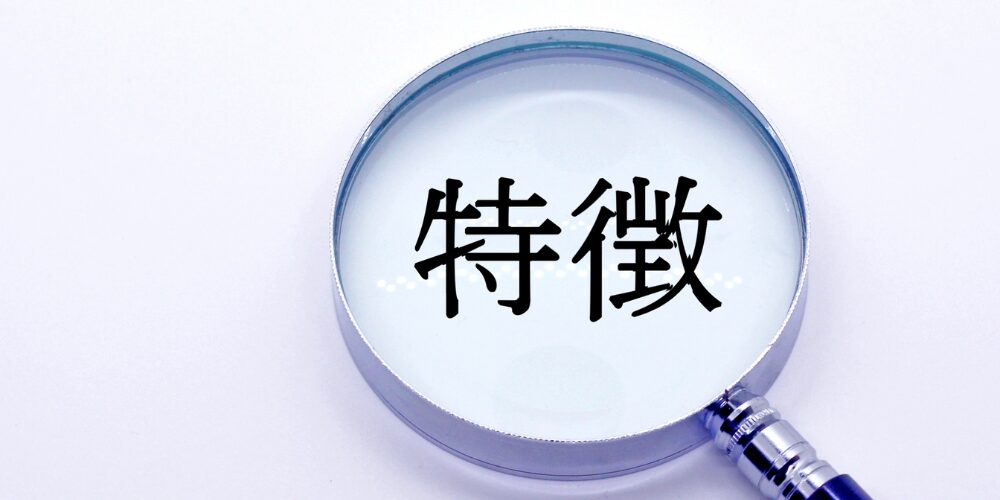白い背景に置いた虫眼鏡のレンズ内に『特徴』の文字が拡大表示されているイメージ