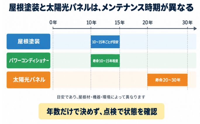 屋根塗装パワーコンディショナー太陽光パネルのメンテナンス時期を示す時間軸
