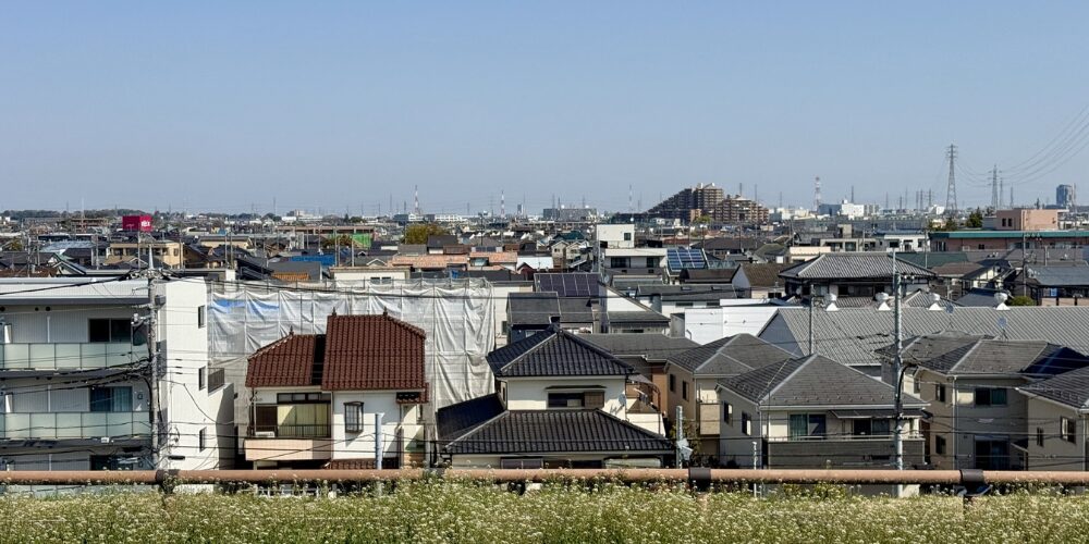 手前に野草が咲く斜面が広がり、その向こうに日本の郊外住宅が密集して並ぶパノラマ風景。瓦屋根や太陽光パネルを載せた家が見え、遠景には電柱やマンション群、青空が広がっている様子です。
