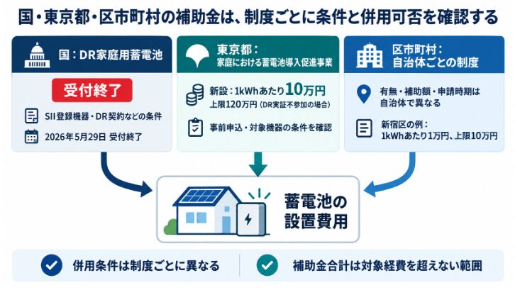 蓄電池の設置費用に対する国と東京都、区市町村の補助制度の関係図