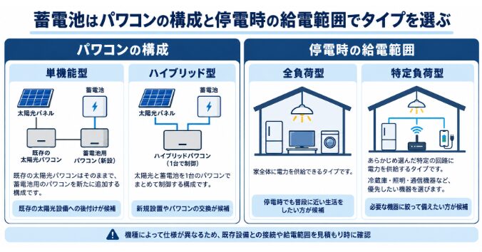 単機能型とハイブリッド型、全負荷型と特定負荷型を選択軸ごとに分類する図