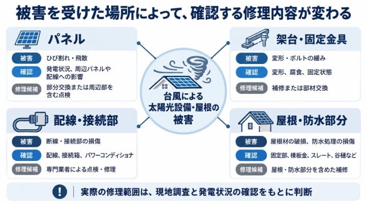 太陽光パネル・架台・配線・屋根の台風被害と、それぞれの確認箇所や修理方法
