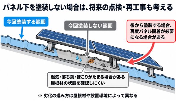 パネル下を塗装しない範囲と将来の点検や脱着を屋根断面で示す図