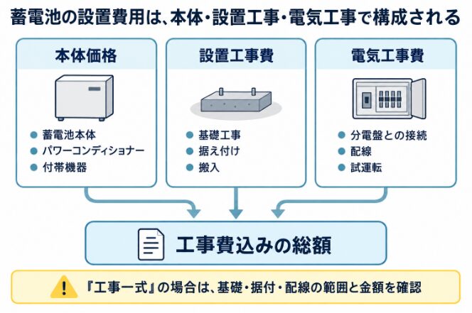 蓄電池の工事費込み総額を本体価格と設置工事費、電気工事費に分けて示す図解
