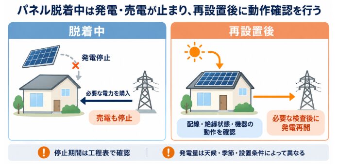 太陽光パネル脱着中の発電停止と再設置後の動作確認を示す図