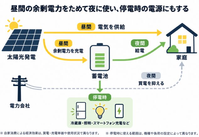 太陽光の余剰電力を蓄電池にため、夜間や停電時に家庭で使う電気の流れ