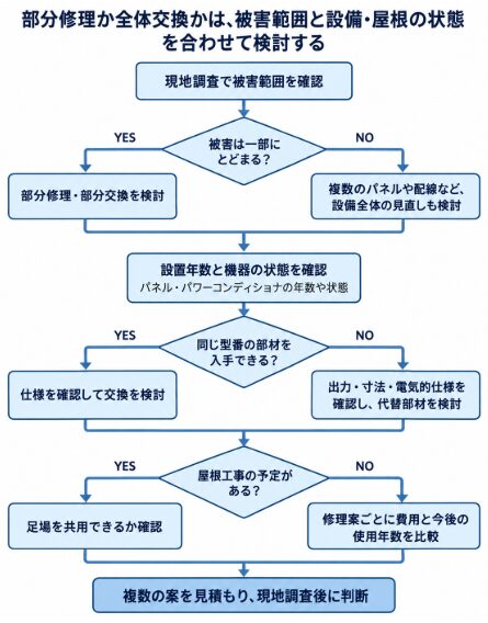 被害範囲や設置年数、交換部材、屋根工事の予定から修理か全体交換かを考える流れ