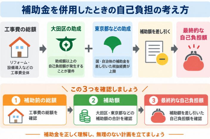 大田区と東京都などの補助金を併用した際の自己負担額の考え方を示す図解