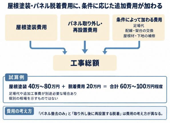 屋根塗装と太陽光パネル脱着の費用に足場や補修費が加わる構成図