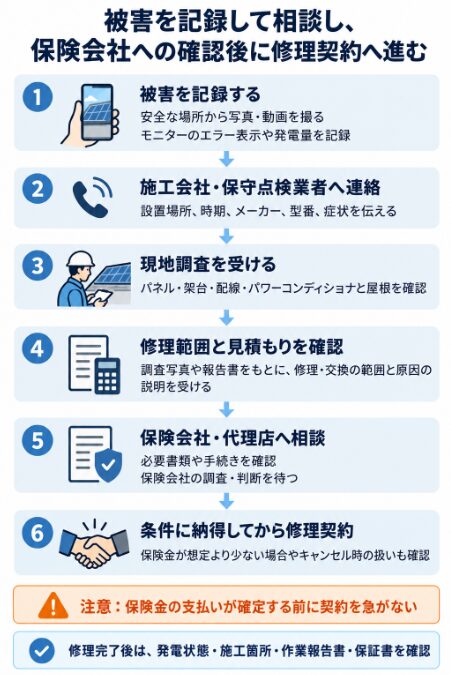 台風被害の記録から業者への連絡、現地調査、保険相談、修理契約、完了確認までの手順