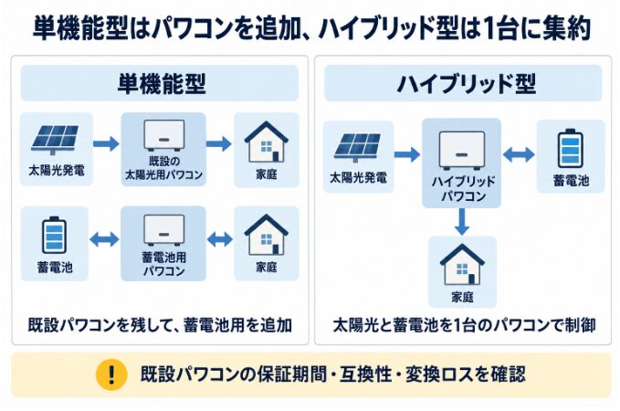 太陽光発電と蓄電池を単機能型とハイブリッド型のパワコン構成で比較する図