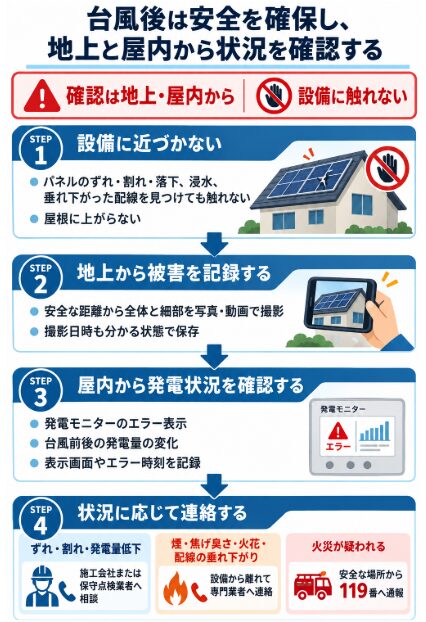 台風後に太陽光パネルへ近づかず、地上と屋内から被害を確認して専門業者へ連絡する流れ