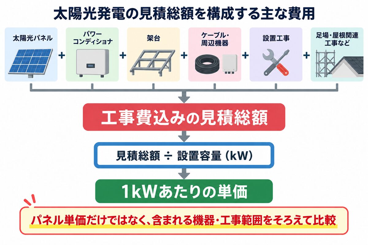 太陽光発電の見積総額を構成する機器・工事費と1kW単価の計算方法を示す図解