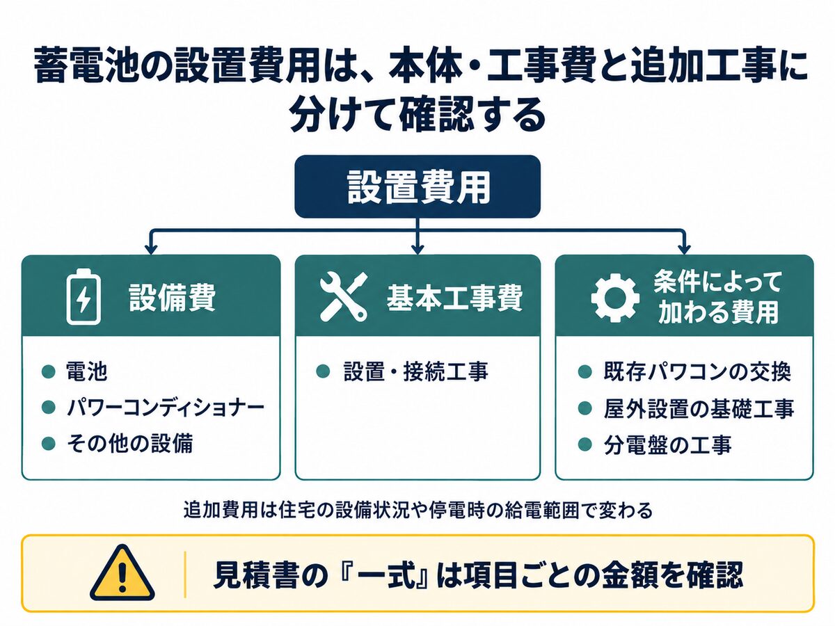 蓄電池の設備費と基本工事費、パワコン交換や基礎工事などの追加費用を示す内訳図